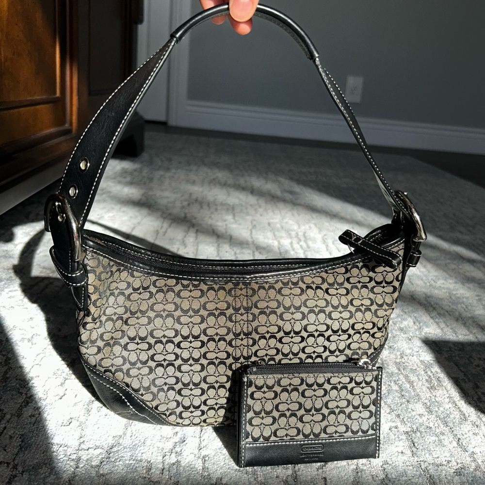 Vintage Coach Set Black Shoulder Hobo Bag Signature Canvas Leather
